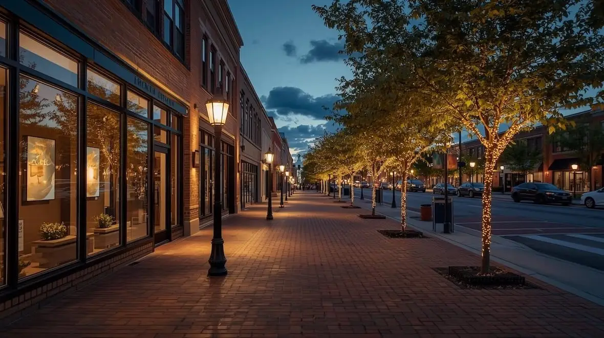 Rose District in Broken Arrow OK with brick walkways and local shops at dusk.