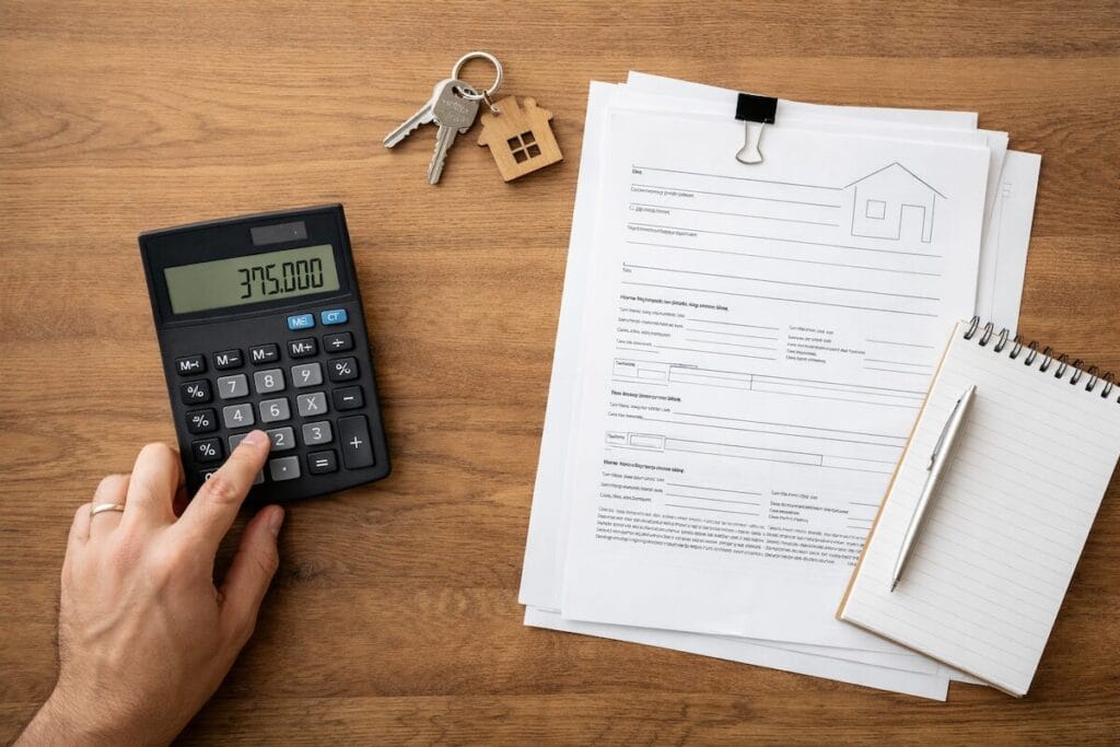 Calculator, house keys, and documents showing cash planning for buying a home in Tulsa