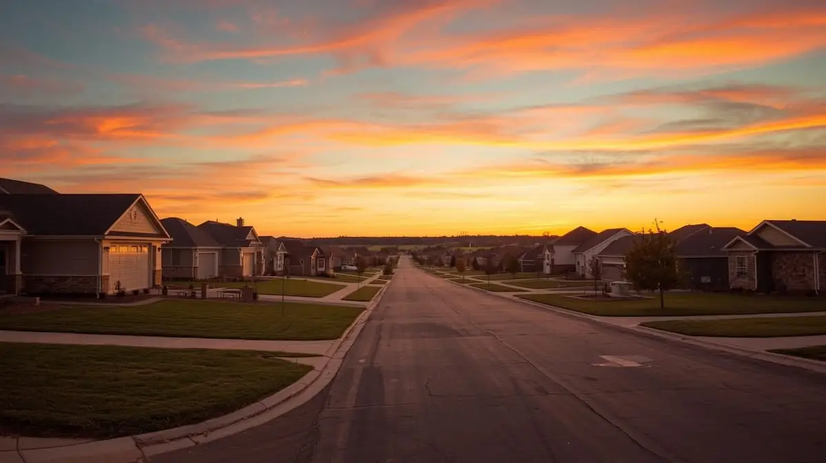 Coweta OK neighborhood at sunset with warm light and spacious yards.