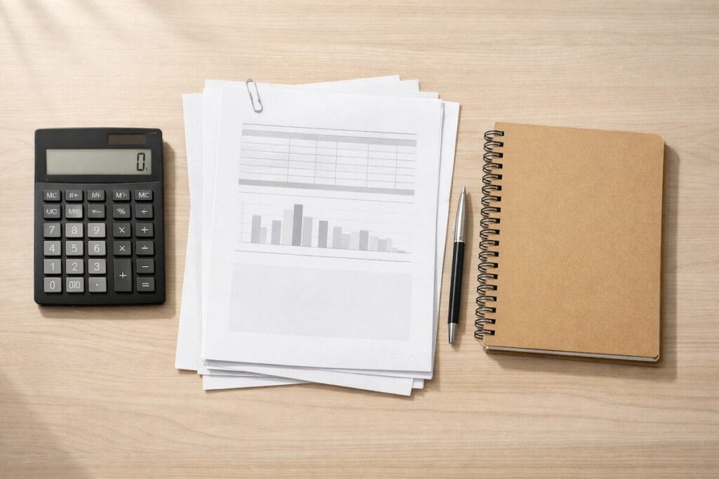 Calculator and paperwork on a desk representing home equity planning