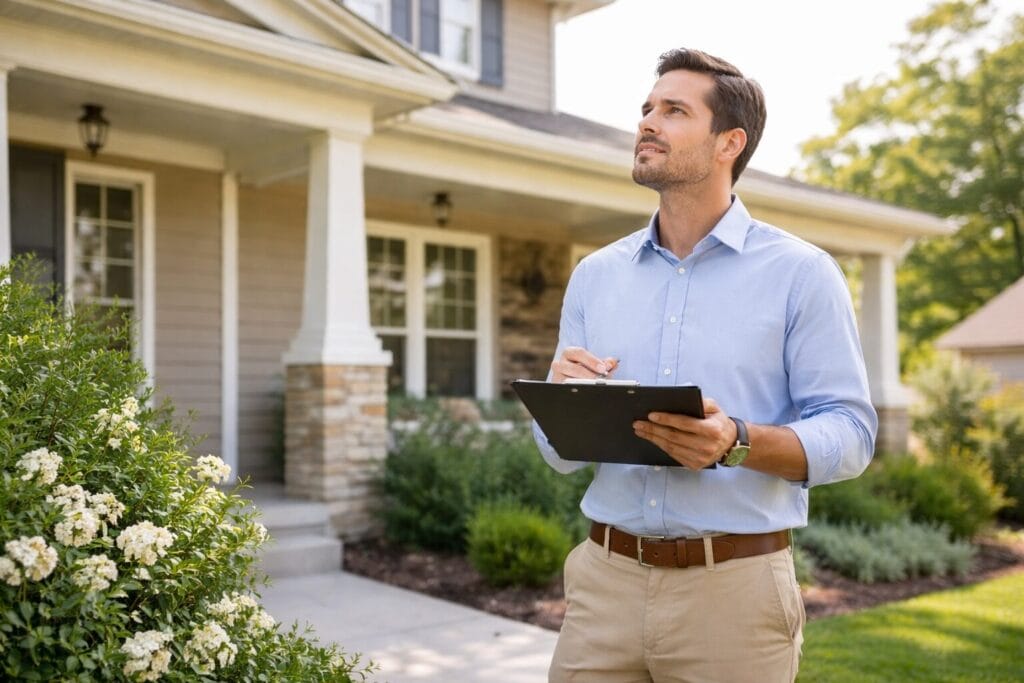 Professional home inspector examining the exterior of a residential property in Oklahoma