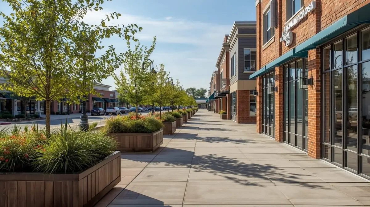 Riverwalk Crossing in Jenks OK with landscaped walkways, storefronts, and riverfront scenery.