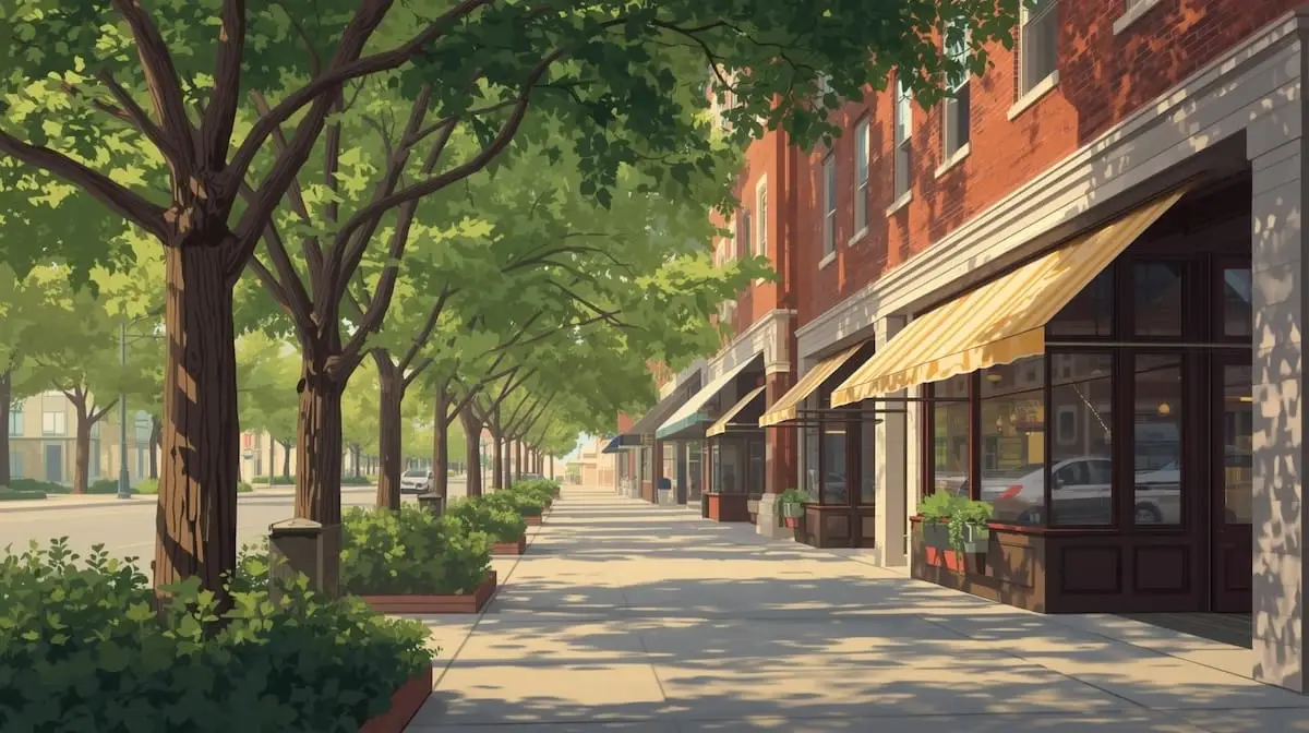 Cherry Street storefronts in Midtown Tulsa with brick buildings, awnings, and tree-lined sidewalks.