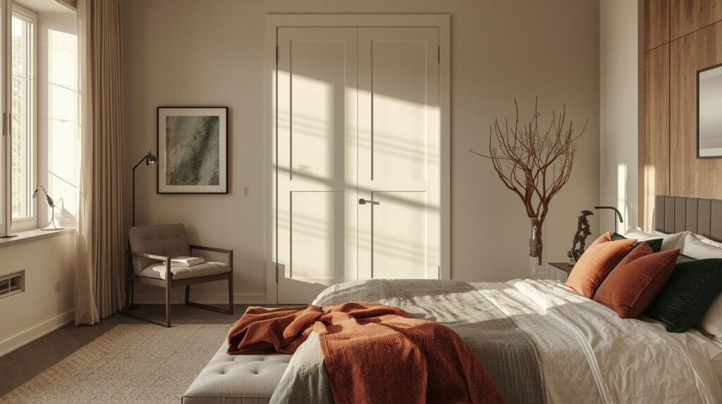 Minimalist bedroom representing clarity and simplicity during the downsizing process.