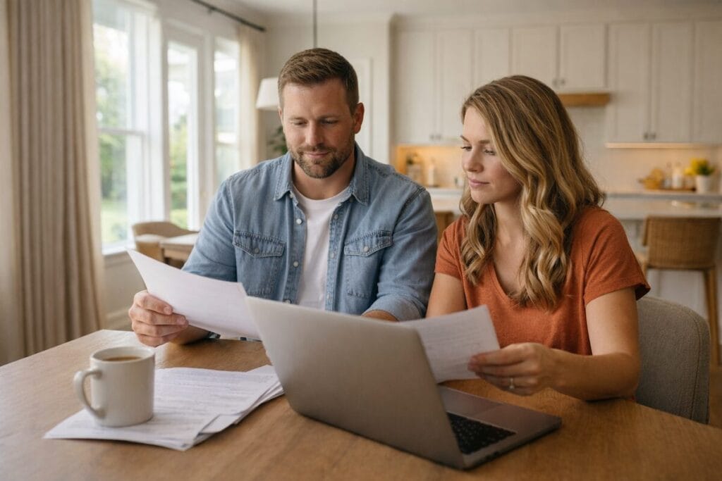 Couple reviewing home buying paperwork at a kitchen table in a bright Tulsa-area home