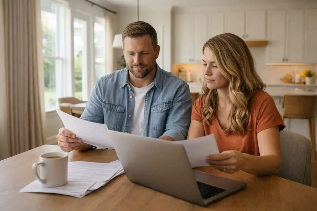 Couple reviewing home buying paperwork at a kitchen table in a bright Tulsa-area home