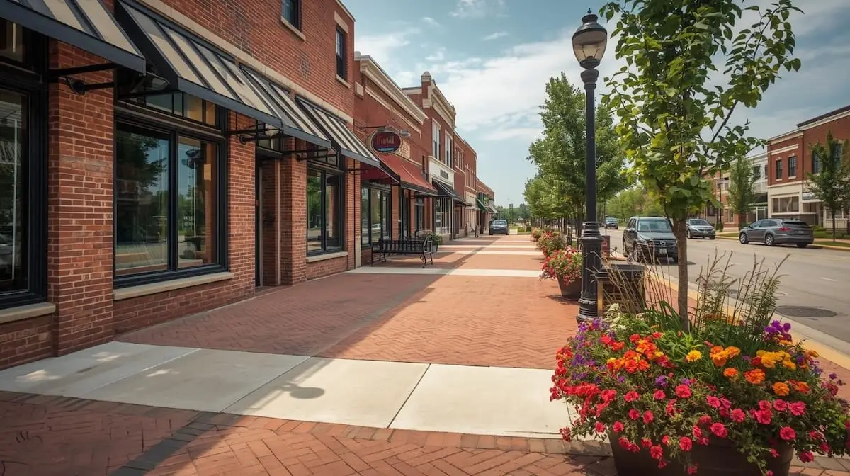 Landscaped commercial street in Owasso OK’s Redbud District with brick storefronts and walkways.
