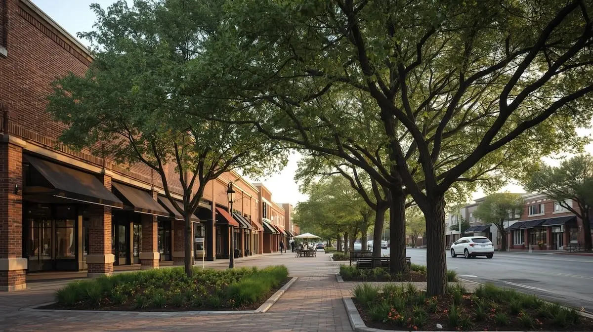 Upscale South Tulsa dining and shopping area with modern storefronts and clean sidewalks.