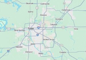 Map of Tulsa Oklahoma and surrounding suburbs including Broken Arrow and Jenks