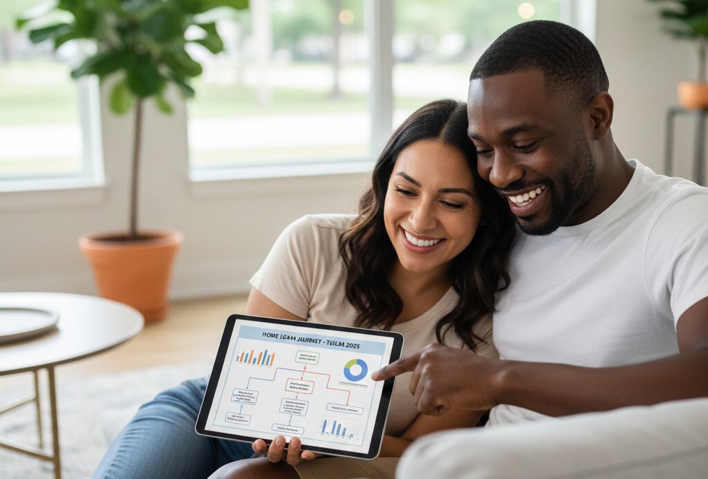 A couple smiles while reviewing a home loan journey flowchart and financial planning graphs on a tablet in their bright, modern living room.
