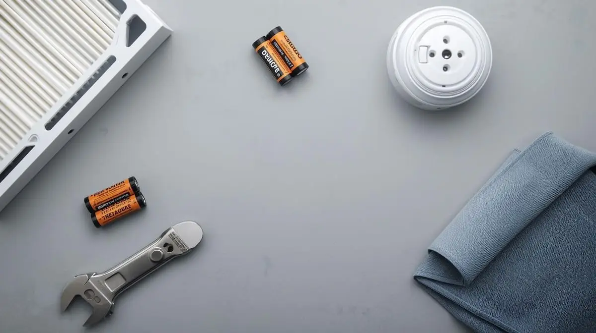 Flat-lay of essential monthly home maintenance tools including an HVAC filter, batteries, and basic tools.