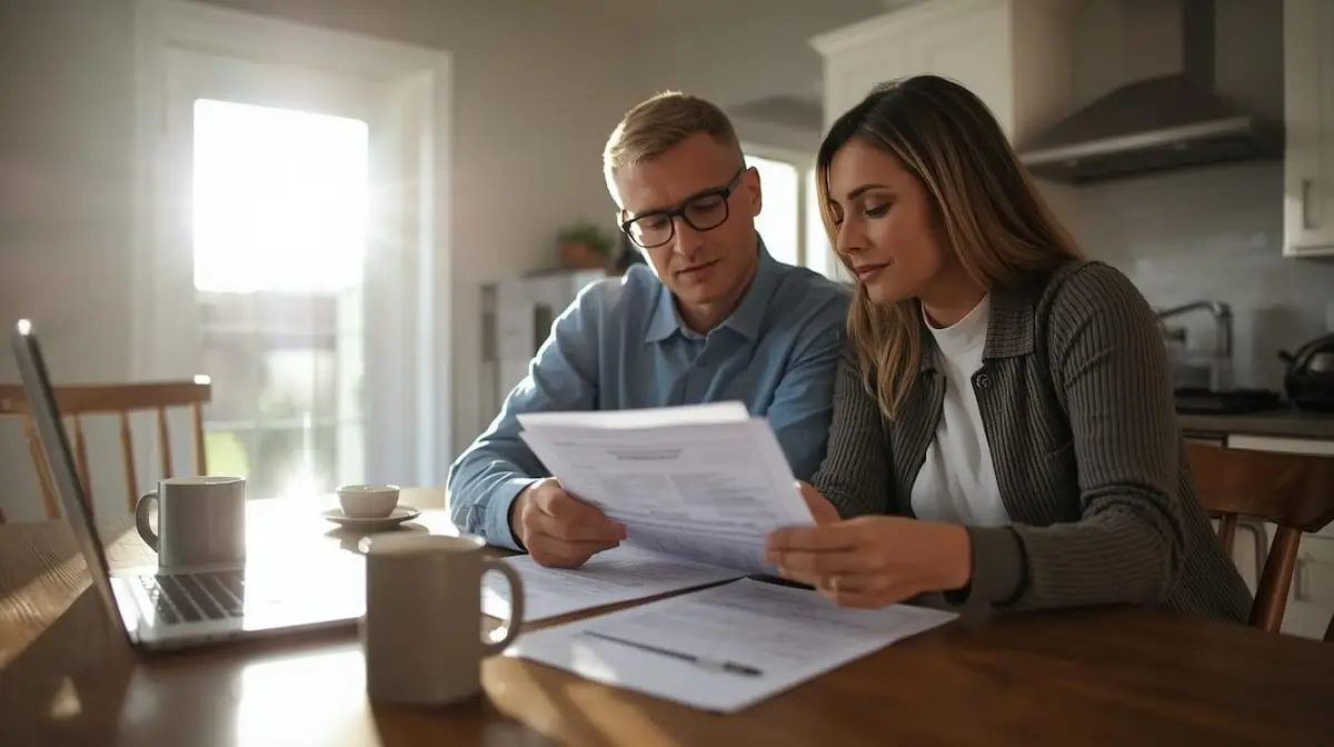 Couple reviewing mortgage documents at a kitchen table in a Tulsa home, discussing 2025 mortgage rates and monthly payments.