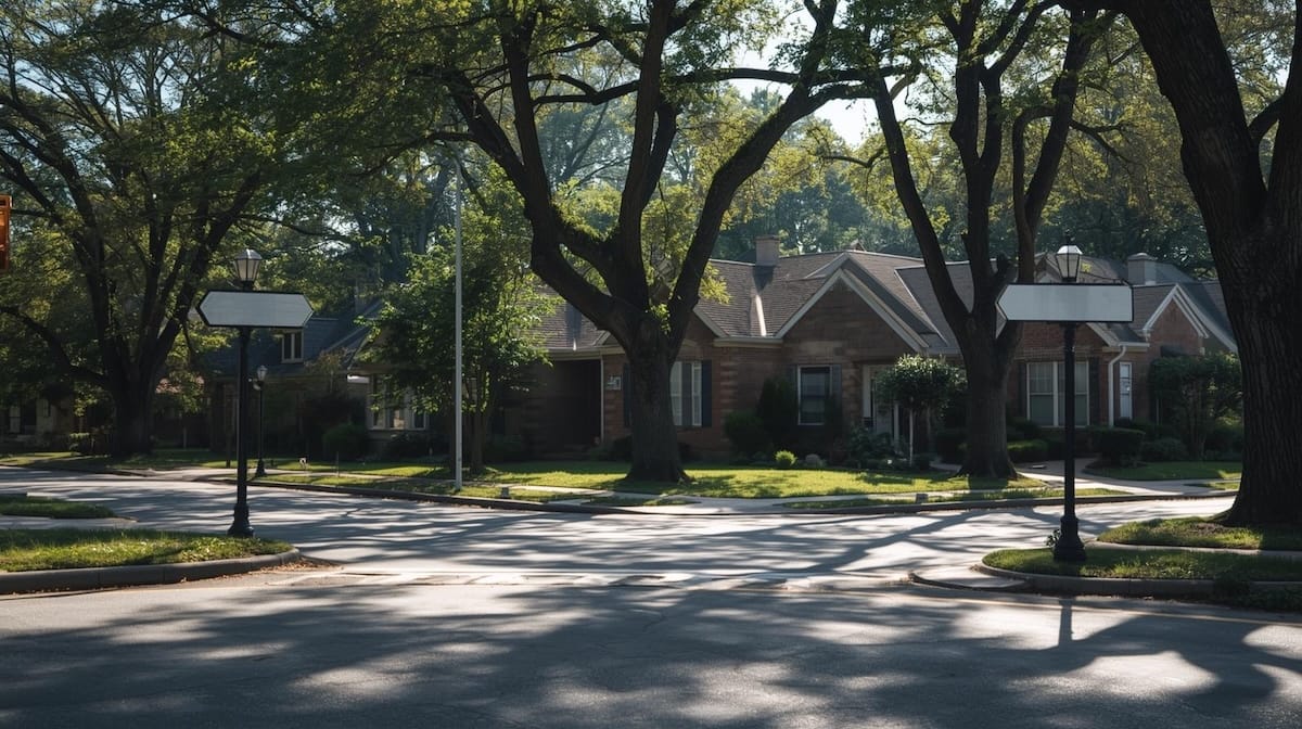 Residential intersection with brick homes and mature trees in a Tulsa neighborhood.