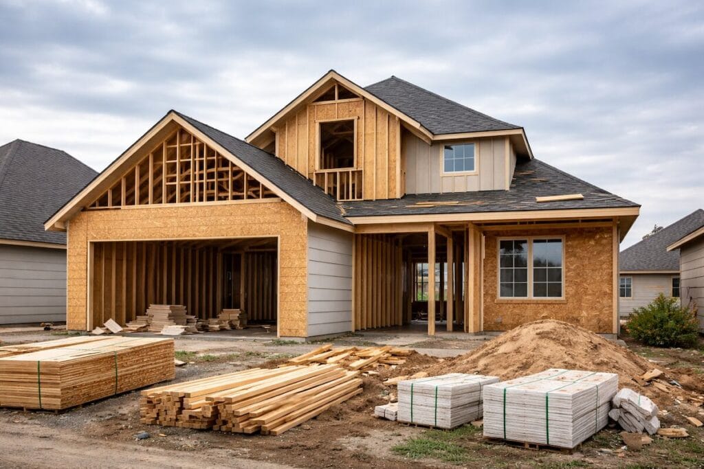 Partially built new construction home in a Tulsa-area neighborhood