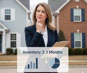 Real estate agent comparing two homes with 3.3 months of housing inventory chart overlay