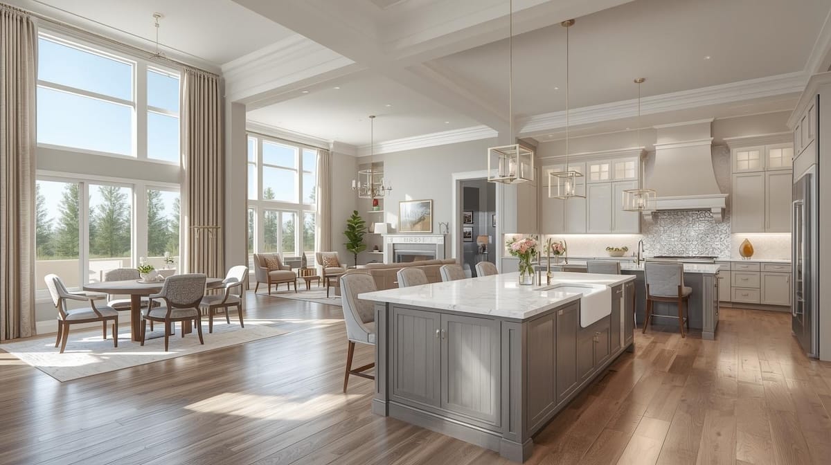 Open-concept interior of an upscale new construction home in the Tulsa metro.