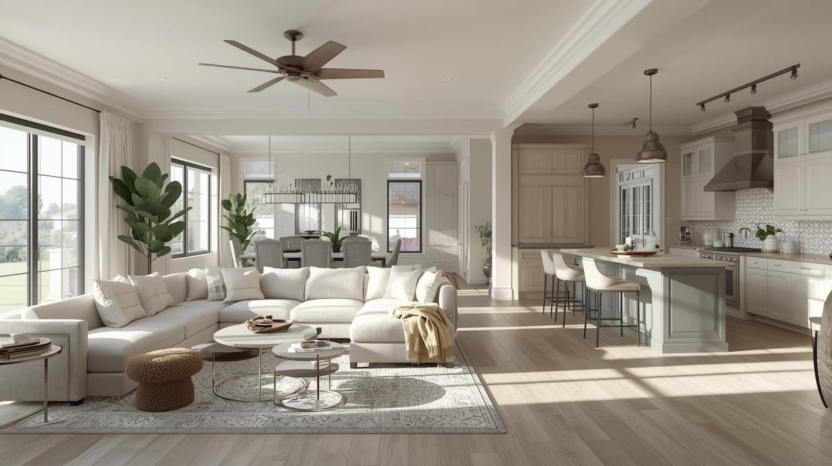 Open-concept living room and kitchen showing the extra space move-up buyers in Tulsa often want.