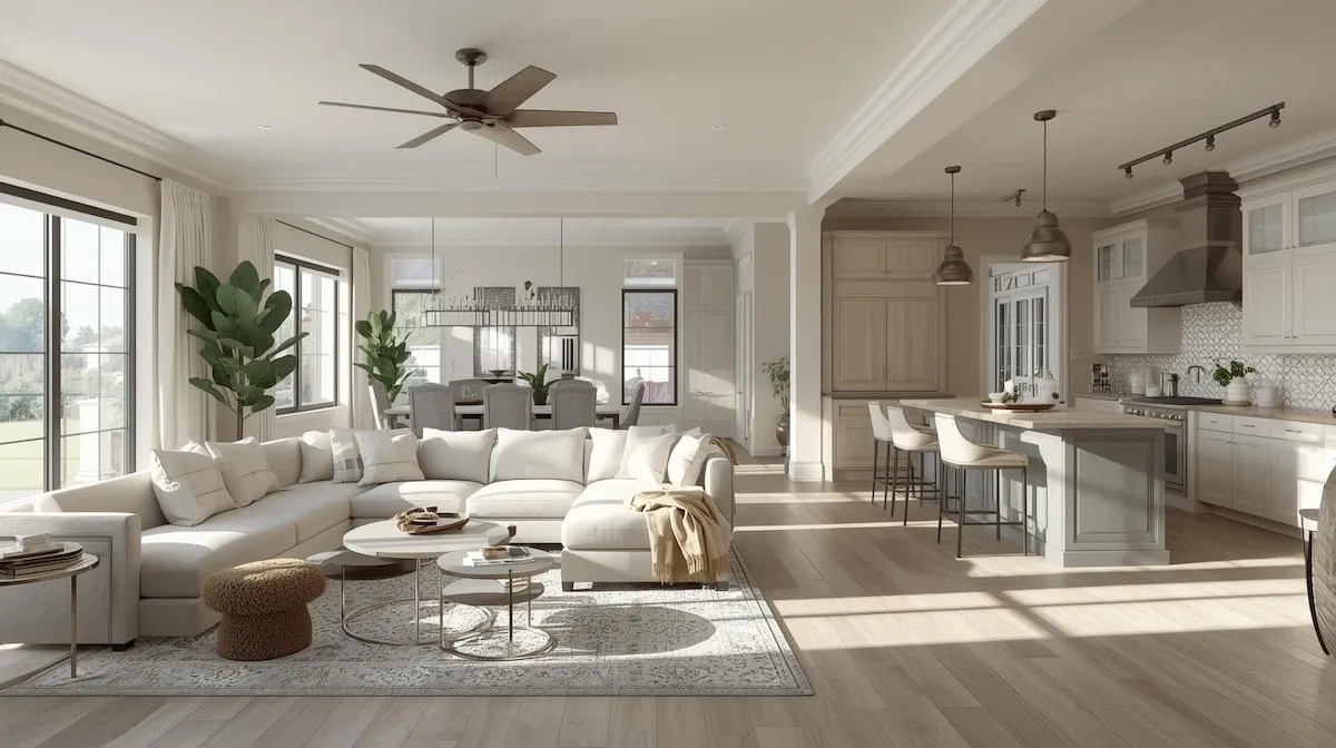 Open-concept living room and kitchen showing the extra space move-up buyers in Tulsa often want.