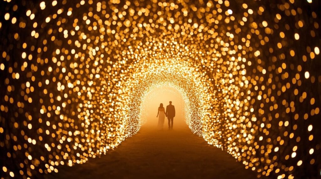 A glowing golden light tunnel at the Tulsa Botanic Garden of Lights with a couple walking through the illuminated pathway.