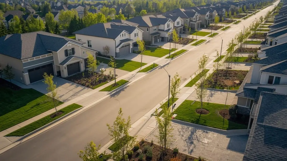 Aerial view of a modern neighborhood in Bixby OK with newer homes and green landscaping.