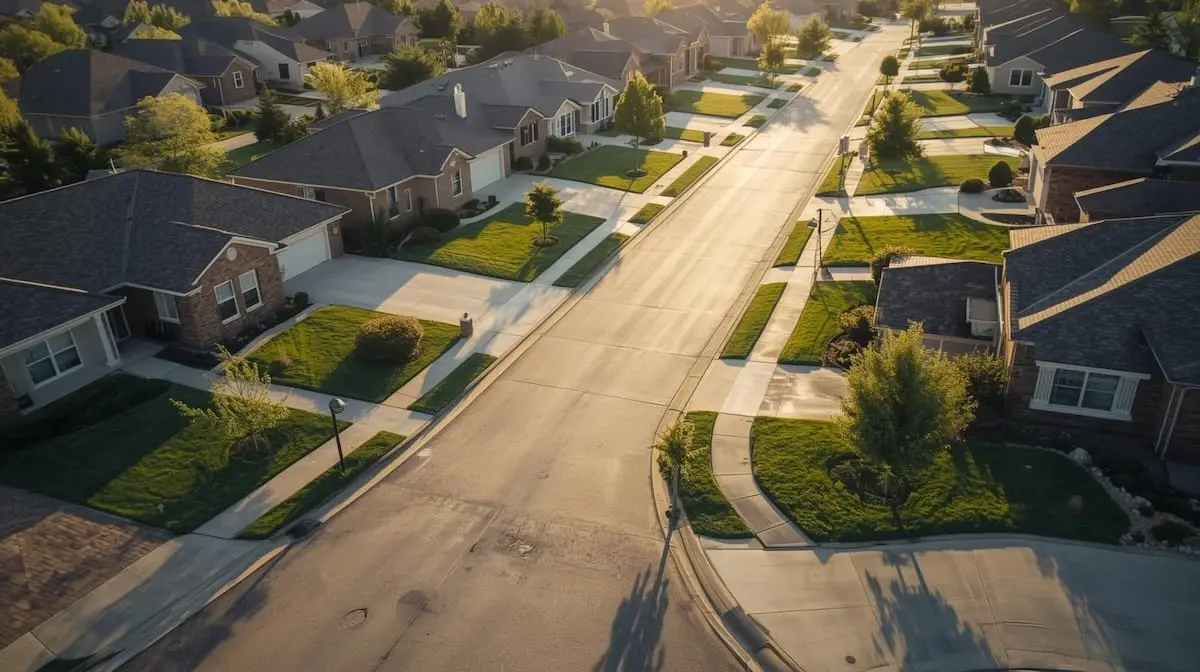 Aerial view of a suburban neighborhood in Broken Arrow Oklahoma with modern homes and green lawns.