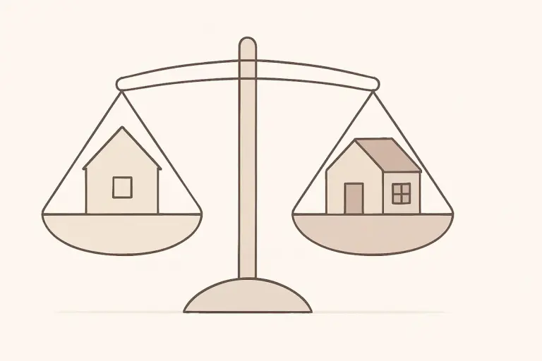 Simple graphic of a balanced scale representing the decision to buy or sell first when upsizing in Tulsa.
