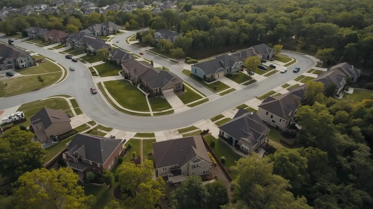 Aerial view of a Coweta OK subdivision with newer homes and tree-lined surroundings.