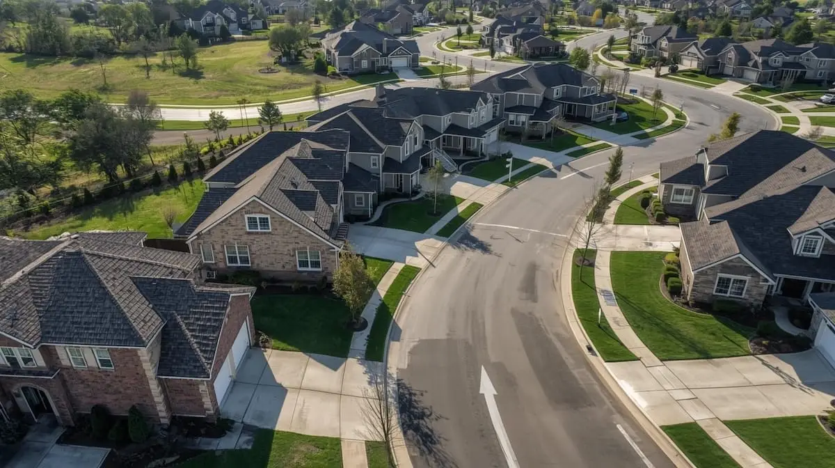 Aerial view of a newer Jenks OK neighborhood with curved streets, ponds, and modern homes.