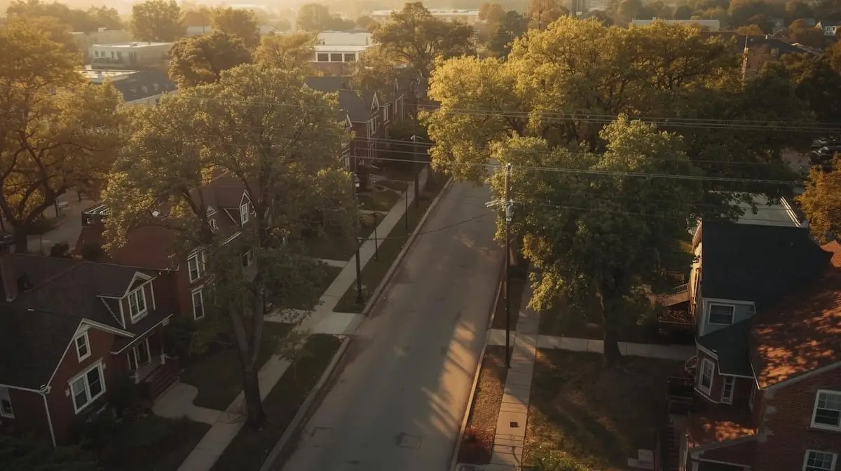 Aerial view of a historic Midtown Tulsa neighborhood with mature trees and classic architecture.