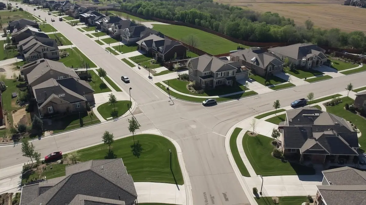 Aerial view of a modern Owasso OK neighborhood with ponds, greenbelts, and curved streets.