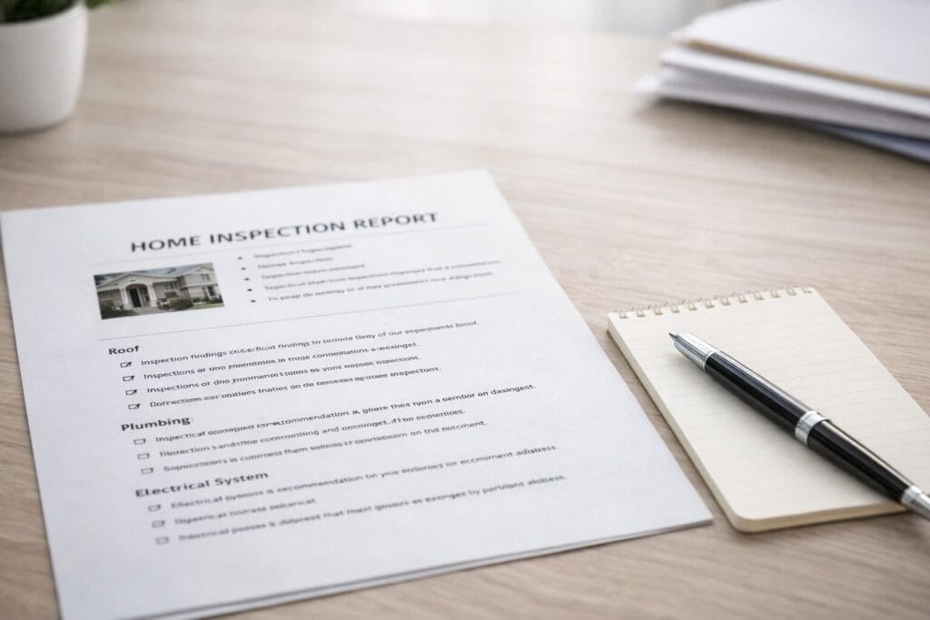 Home inspection report on a table with a pen and notepad