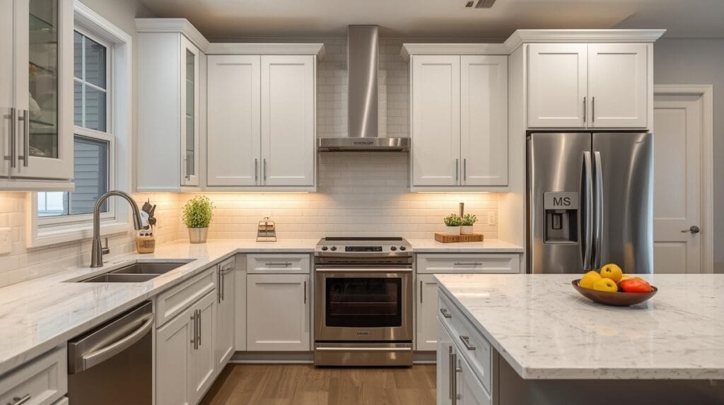 Bright modern kitchen with white cabinets, stainless steel appliances, and marble countertops, staged to show ideal presentation when Selling a Home in Tulsa.