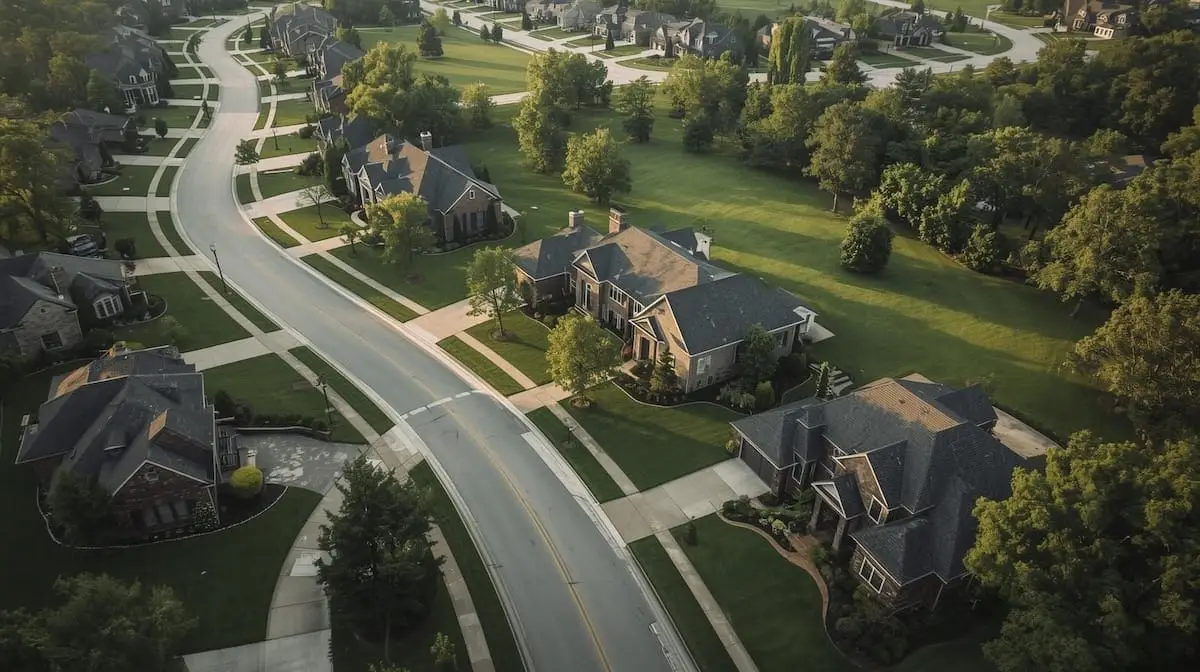 Aerial view of a living in South Tulsa neighborhood with brick homes, curved streets, and mature landscaping.