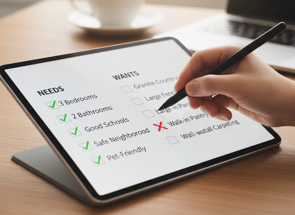 Close-up of a hand marking a digital checklist on a tablet, showing "Needs" checked off (3 Bedrooms, 2 Bathrooms, Safe Neighborhood) and an item crossed out on the "Wants" list.