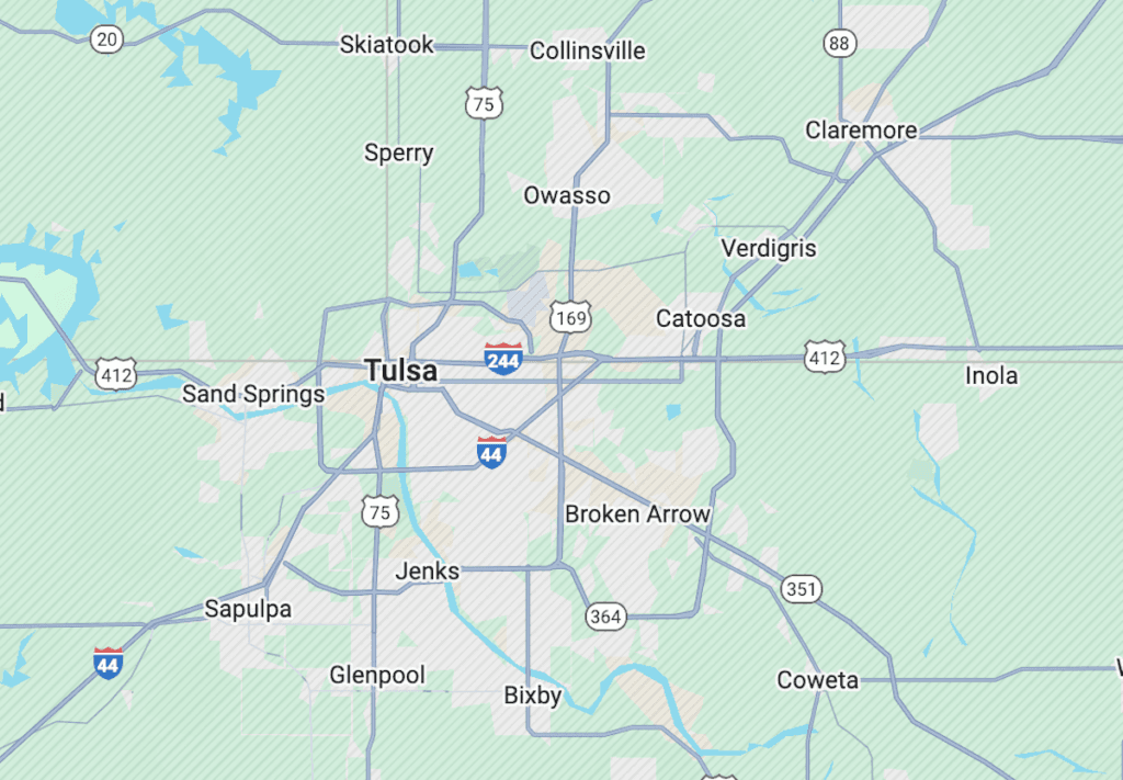 Illustrated map-style graphic of the Tulsa metro showing major suburbs that define Tulsa neighborhoods and lifestyle.