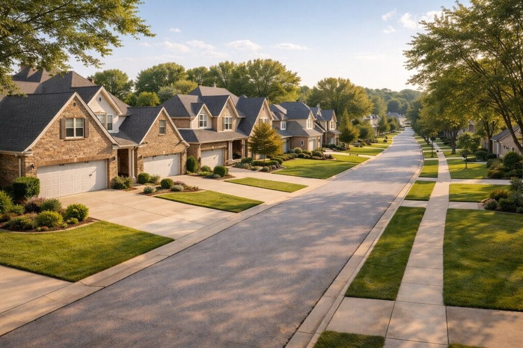 Upscale Tulsa-area subdivision with sidewalks, mature trees, and homes with front-facing garages