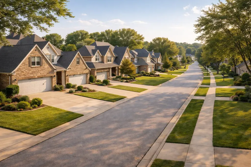 Upscale Tulsa-area subdivision with sidewalks, mature trees, and homes with front-facing garages