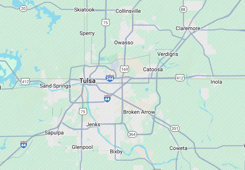 Simple Tulsa metro map illustration highlighting popular areas for new construction homes.