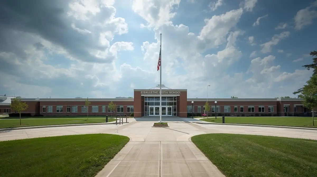 Modern school building in Bixby OK with brick exterior and landscaped entrance.