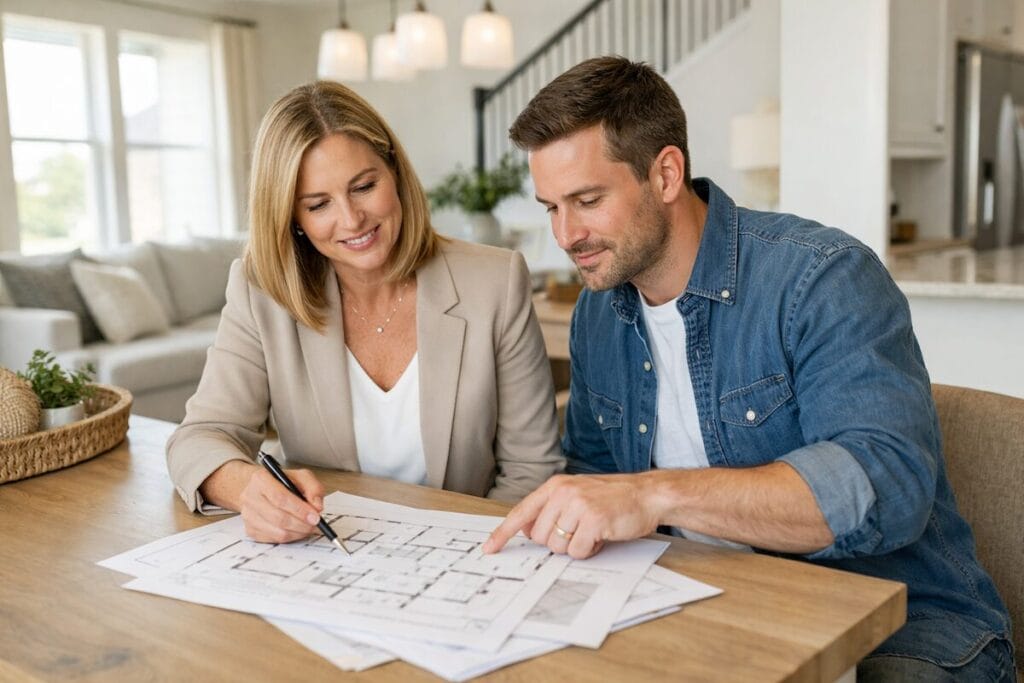 Buyer and real estate agent reviewing plans together in a Tulsa model home