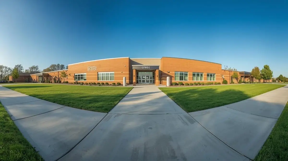 Modern school campus in Coweta OK with brick exterior and landscaped entrance.