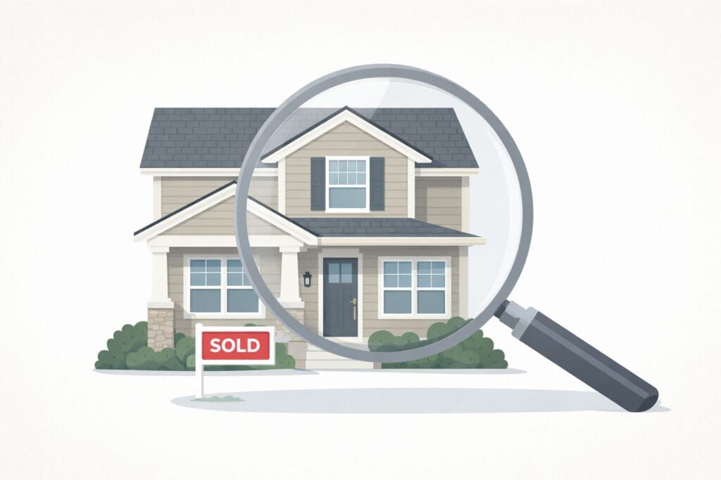 Graphic of a house with a sold sign and magnifying glass representing the appraisal process