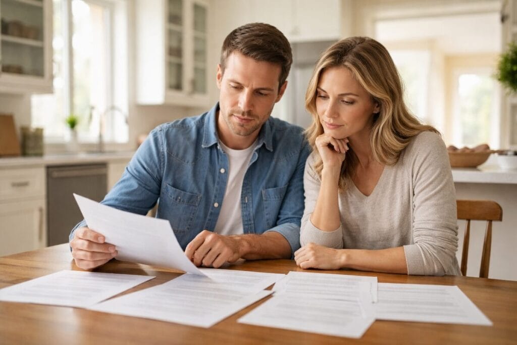 Homeowners comparing multiple financial documents while planning their next home