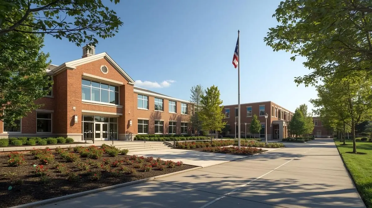 Modern school campus in Jenks OK with a brick exterior, landscaped entrance, and bright daylight.