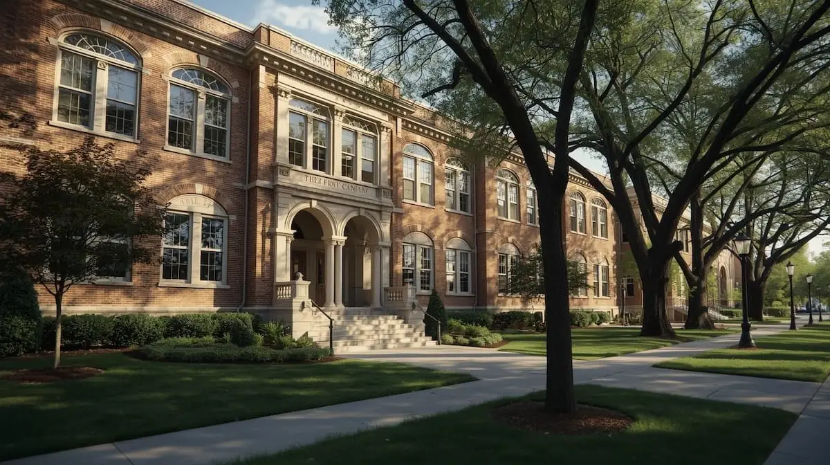 Classic brick school campus in Midtown Tulsa with landscaped entry and large windows.