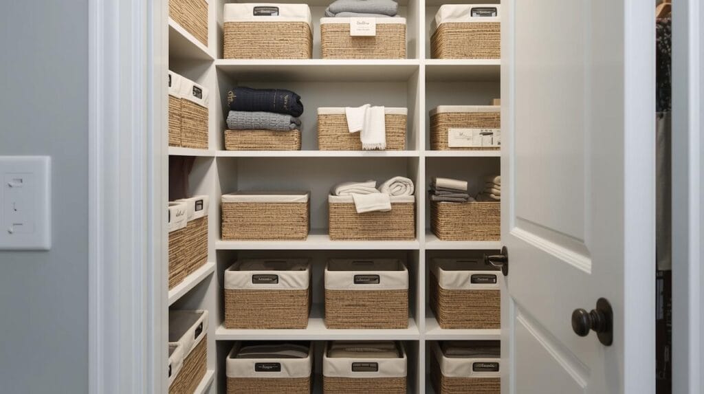 Organized closet with labeled bins illustrating the decluttering process for downsizing.