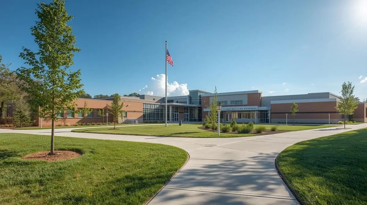 Modern school campus in Owasso OK with brick exterior and landscaped entrance.