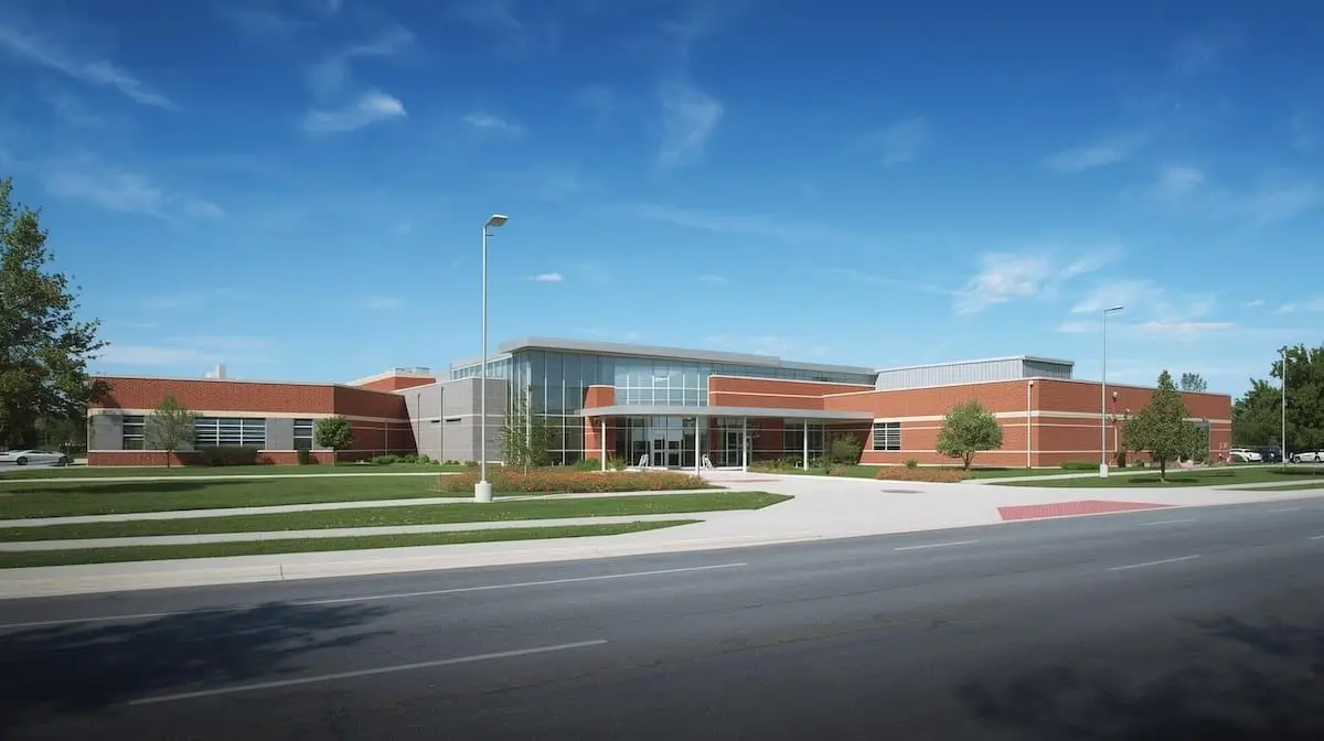 Modern South Tulsa school campus with brick architecture, landscaped entrance, and clear blue sky.