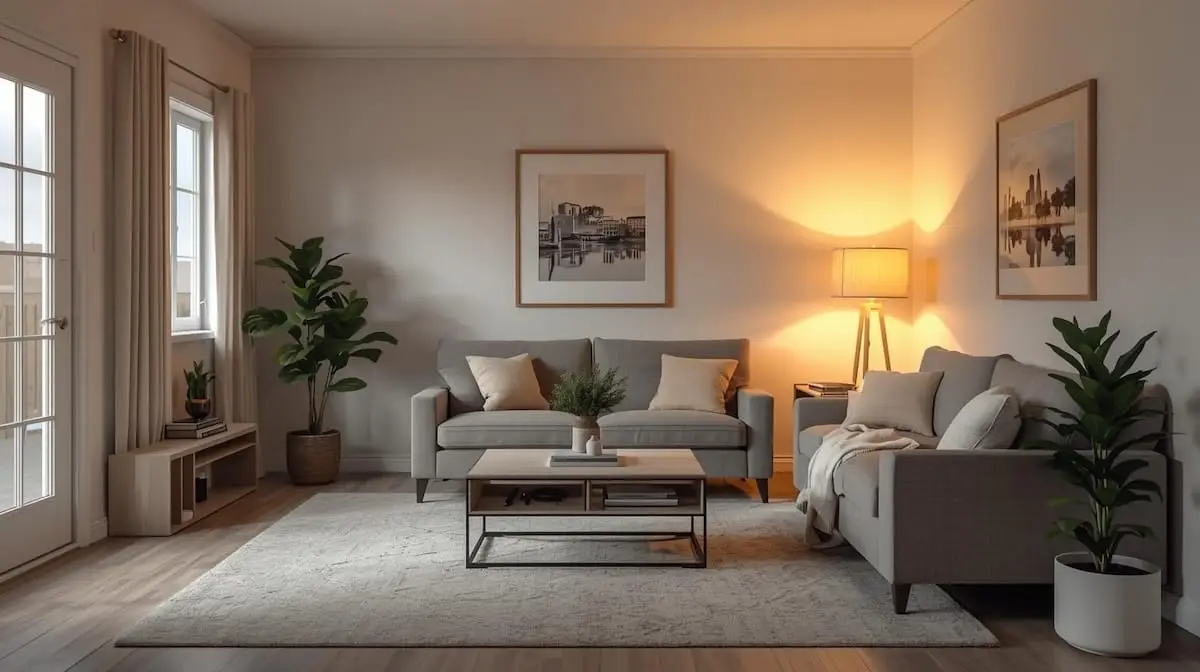 Cozy starter home interior with simple furnishings and warm lighting.