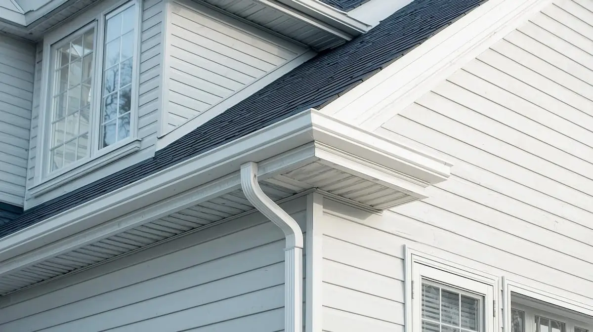 Exterior view of a Tulsa home’s roofline, gutters, siding, and windows in good repair.